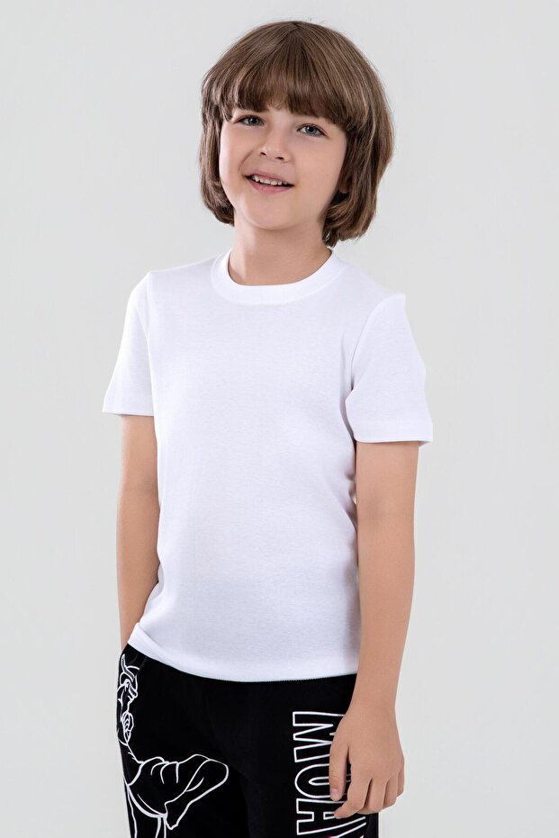 Boy's Cotton Crew Neck Flannel T-Shirt White