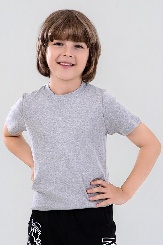 Boy's Cotton Crew Neck Flannel T-Shirt Gray Melange