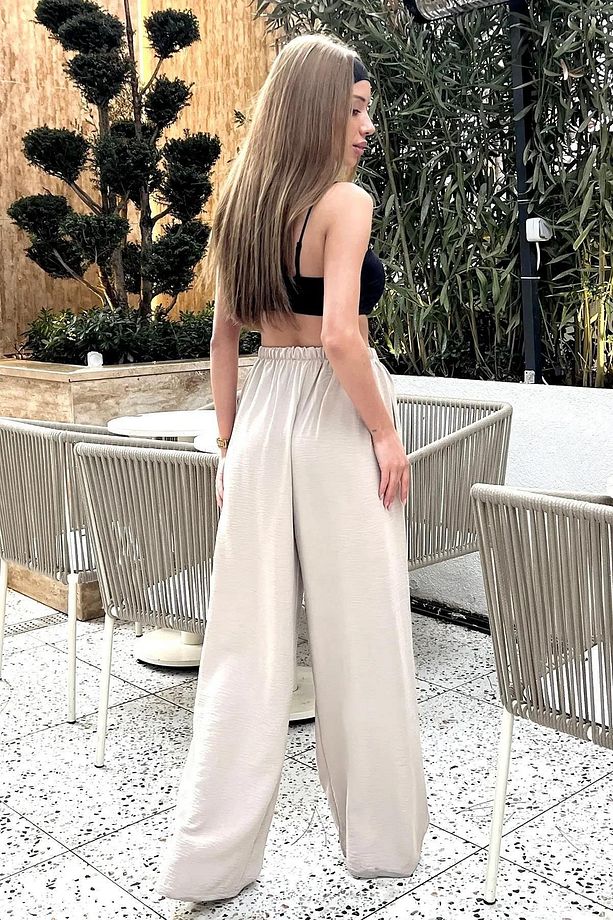 Ayrobin Kumaş Yüksek Bel Bol Paça Palazzo Eşofman Altı - 2
