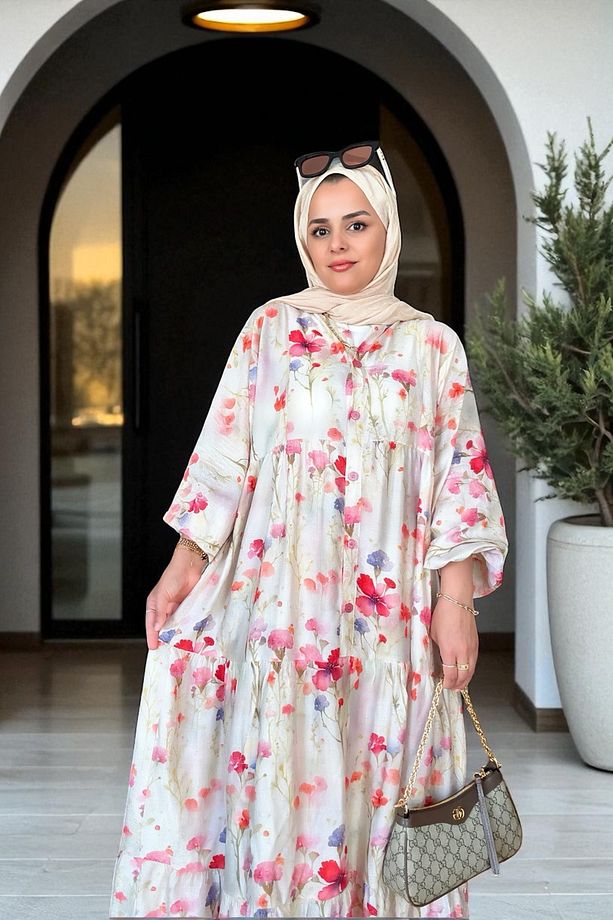 Pamuklu Çiçek Desenli Yazlık Robalı Elbise Bej - 5