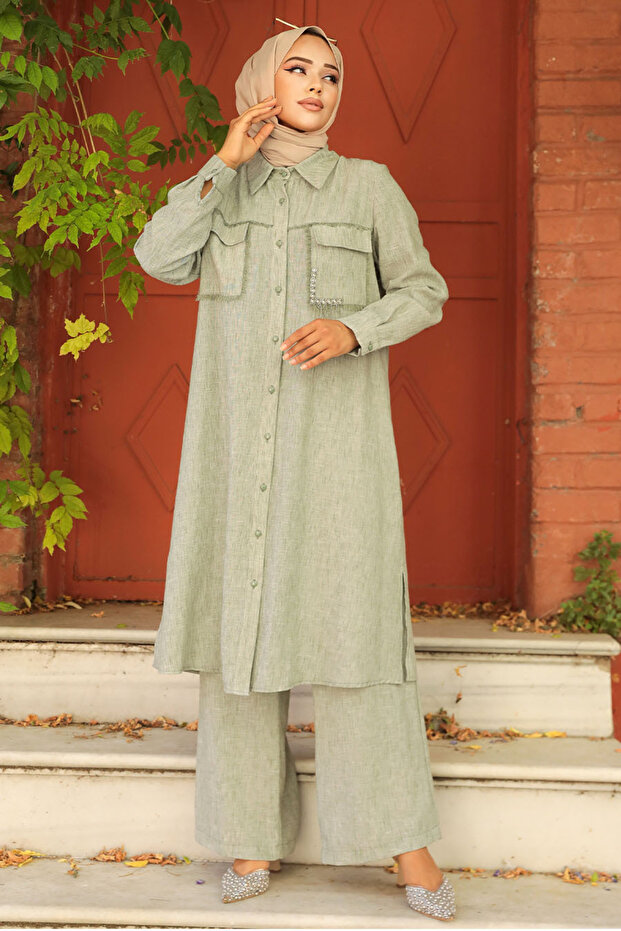 Green Hijab Buttoned Double Set - 40143Y