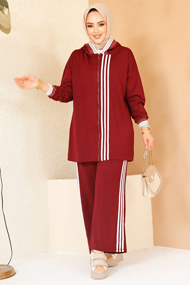 Zippered Burgundy Hijab Double Set 60061Br