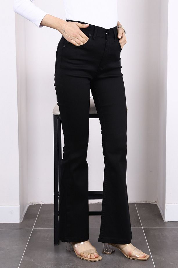 Siyah Yüksek Bel İspanyol Paça Jeans Pantolon - 2