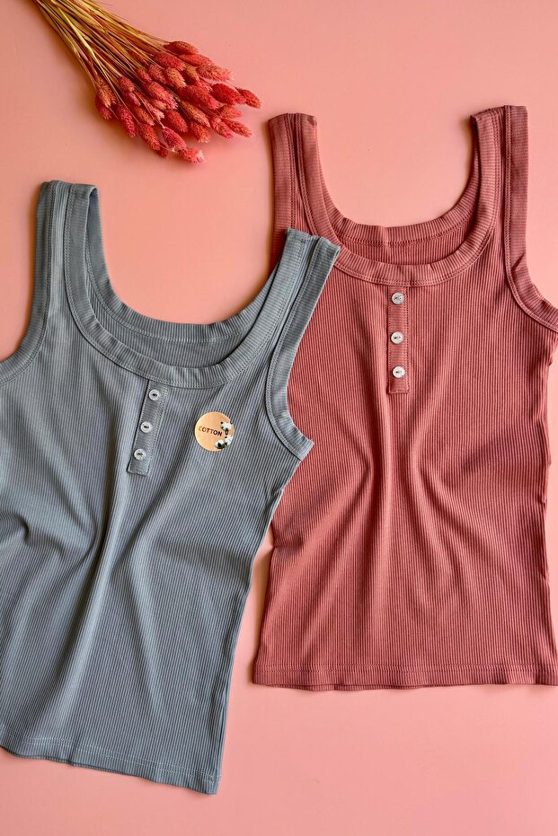 Livora 2-Piece Lycra, Cotton Rib Tank Top with Buttons and Comfortable Design (Dusty Rose and Light Blue)