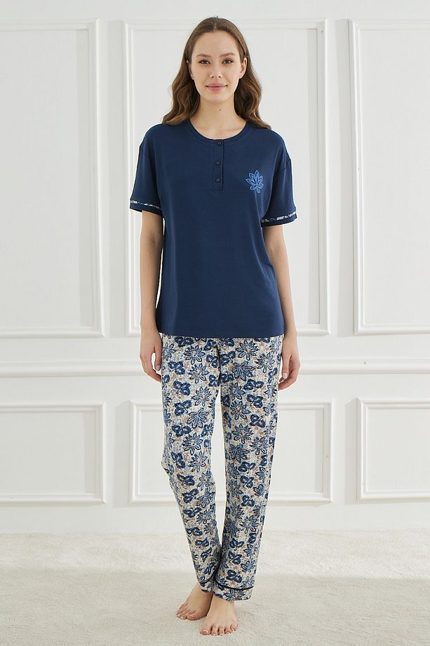 Ethnic Patterns Lacivert Kısakol Kadın Pijama Takımı - 1