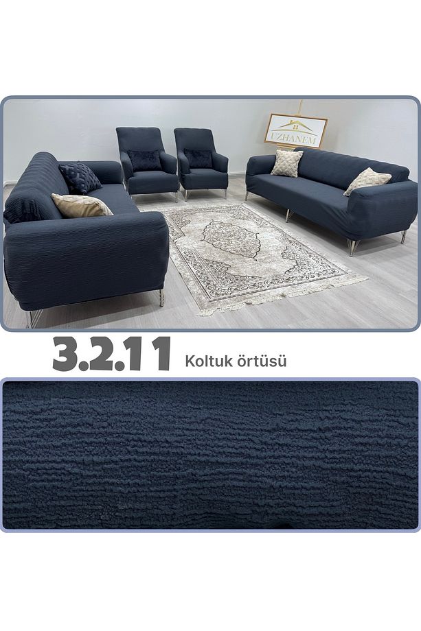 Streç Lastikli Esnek Yıkanabilir Pamuklu 3+2+1+1 Jakarlı Koltuk Örtüsü Takımı - 1