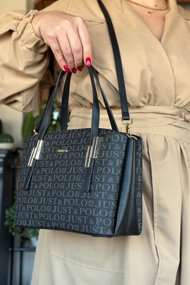 Women's Print Patterned Shoulder Bag and Wallet Set 2066-str Black 0611