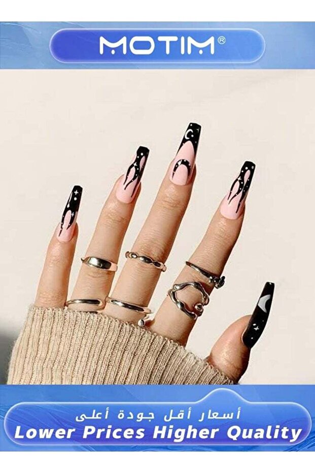 24Pcs Extra Long Nail Stickers Star & Moon Pattern Fake Nails Night Sky Wearable Nail Kit