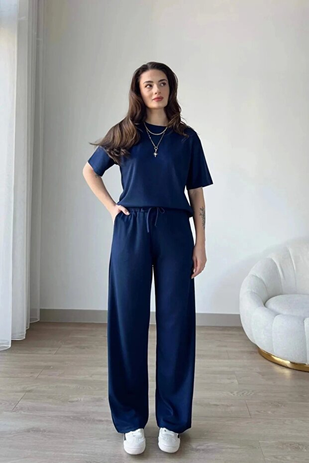 Women's Navy Blue Modal Fabric Short Sleeve Tracksuit Set