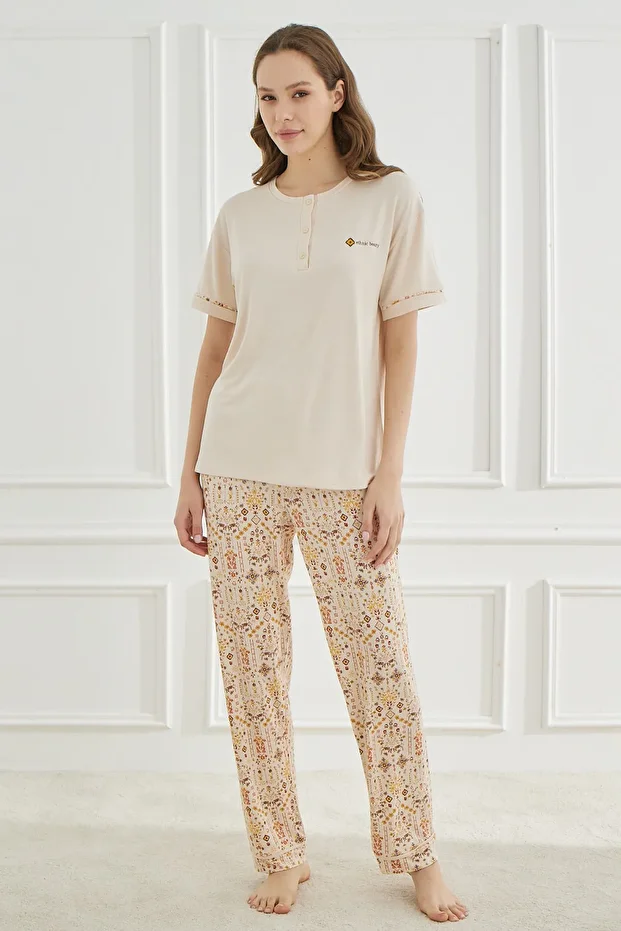 Ethnic Patterns Bej Kısakol Kadın Pijama Takımı - 2