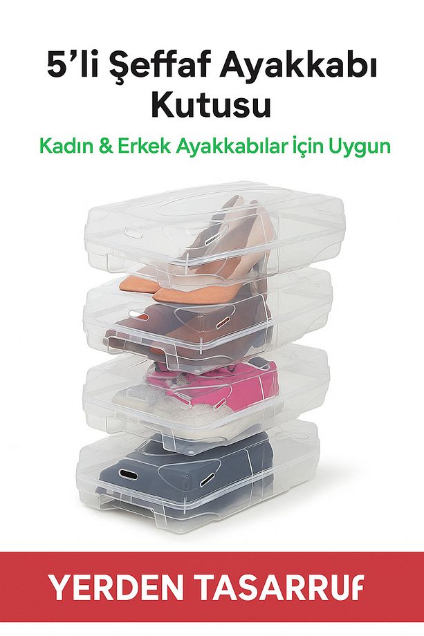 5 Adet Şeffaf Ayakkabı Kutusu – Dayanıklı, Üst Üste Istiflenebilir, Bay & Ayakkabı Için - 1