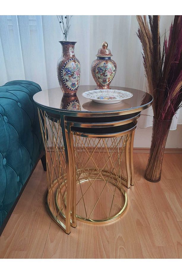 Ekübya Home Hasır C Üçlü Zigon Sehpa Gold Ayak Bronz Ayna - 2