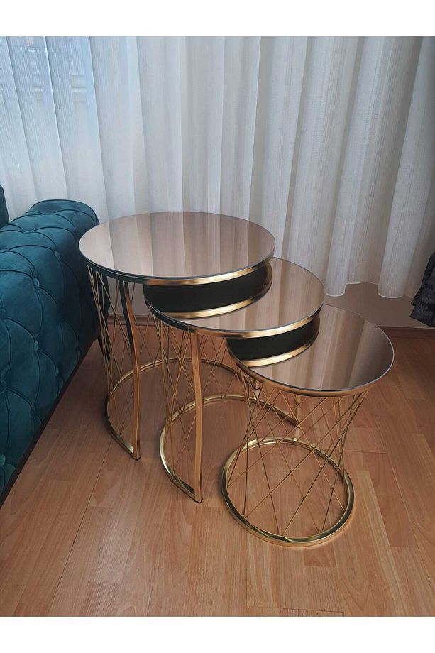 Ekübya Home Hasır C Üçlü Zigon Sehpa Gold Ayak Bronz Ayna - 3