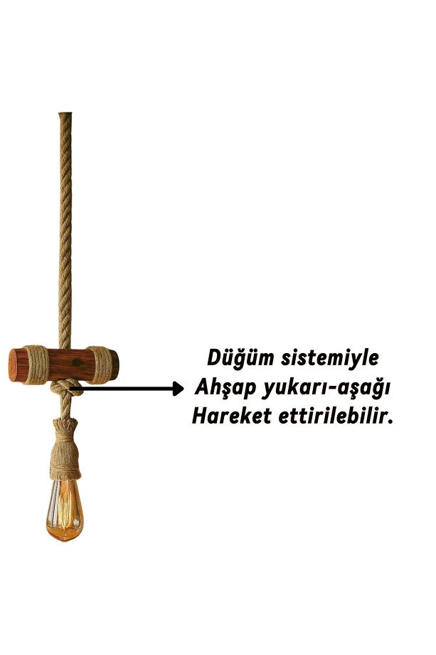 Ahşap Sarkıt Halat Avize | Bohem Tarz Tavan Aydınlatması | Kafe & Ev Için Dekoratif Lamba(3 ADET) - 6