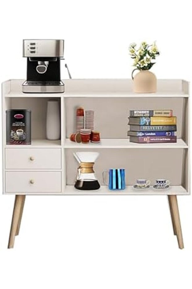 Coffee Corner with Storage, Modern Sideboard with Drawer, Console Table Cabinet in White for Home, Wood - 1