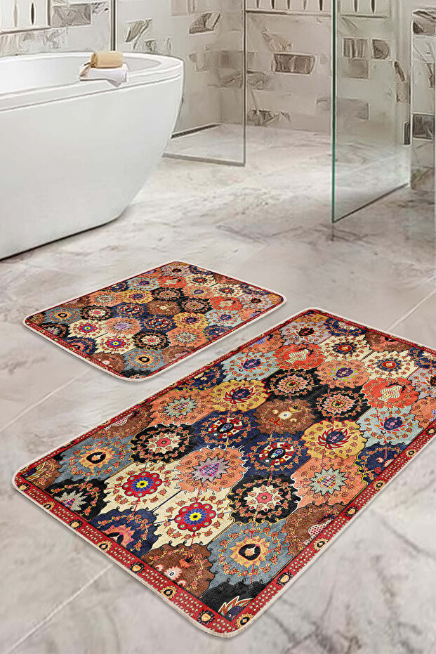 مجموعة من قطعتين من سجادة الحمام القابلة للغسل وقاعدة غير قابلة للانزلاق ونمط مرقعة متعددة الألوان - 5
