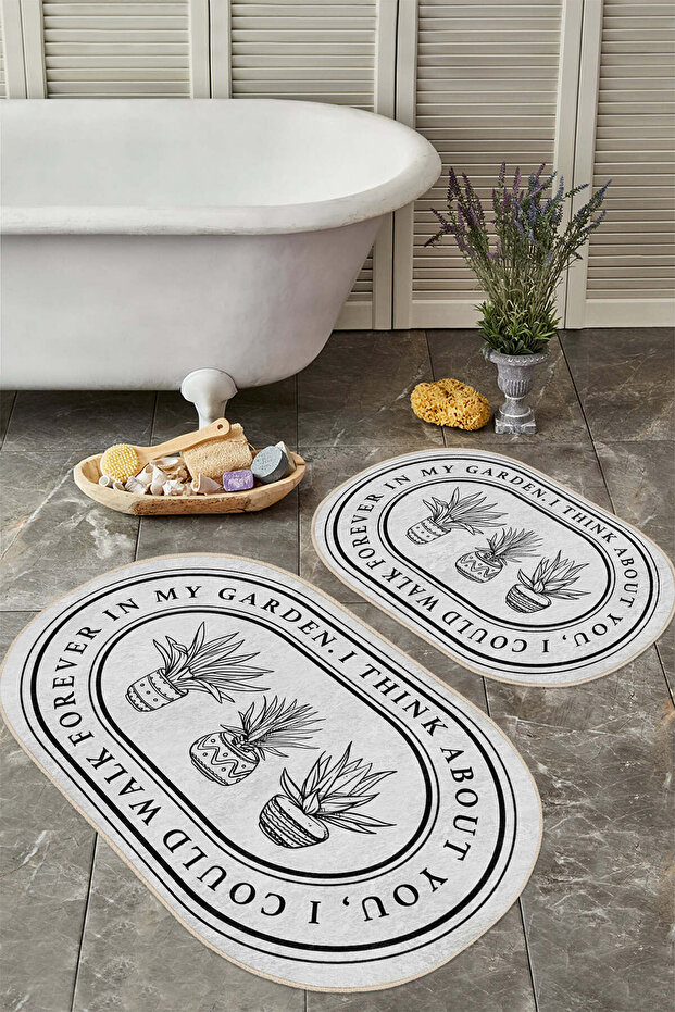 Black Striped Potted Plant Patterned Modern Gray Set of 2 Non-Slip Base Washable Bath Mat Set