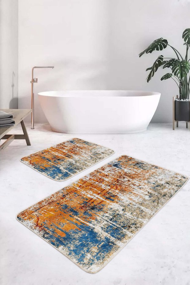 Antique Orange-Blue Colored Modern Patterned Non-Slip Base Washable 2-Piece Bathroom Mat Set