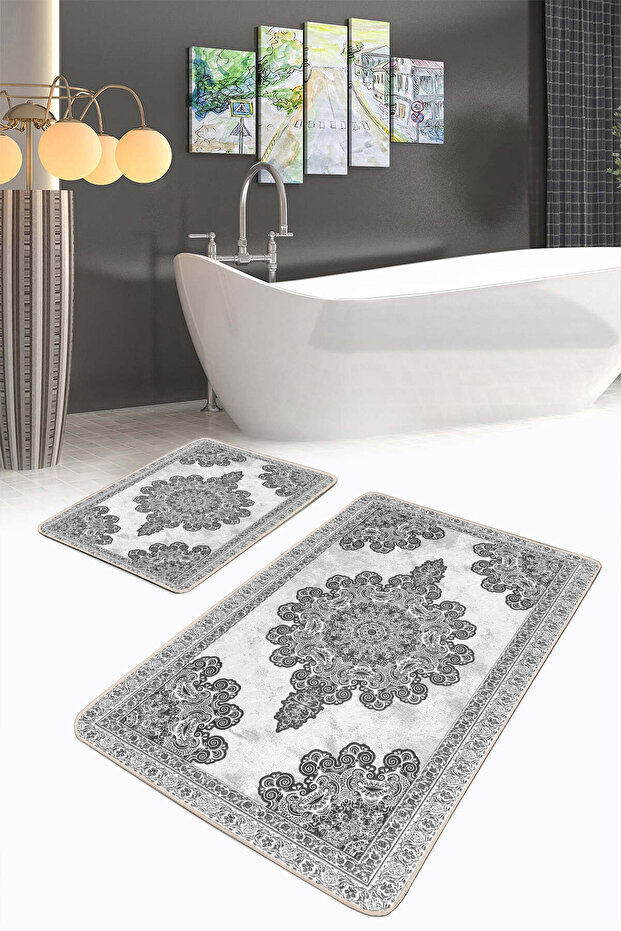 Classic Vintage Motif Black and White Washable 2-Piece Non-Slip Base Bathroom Mat Set