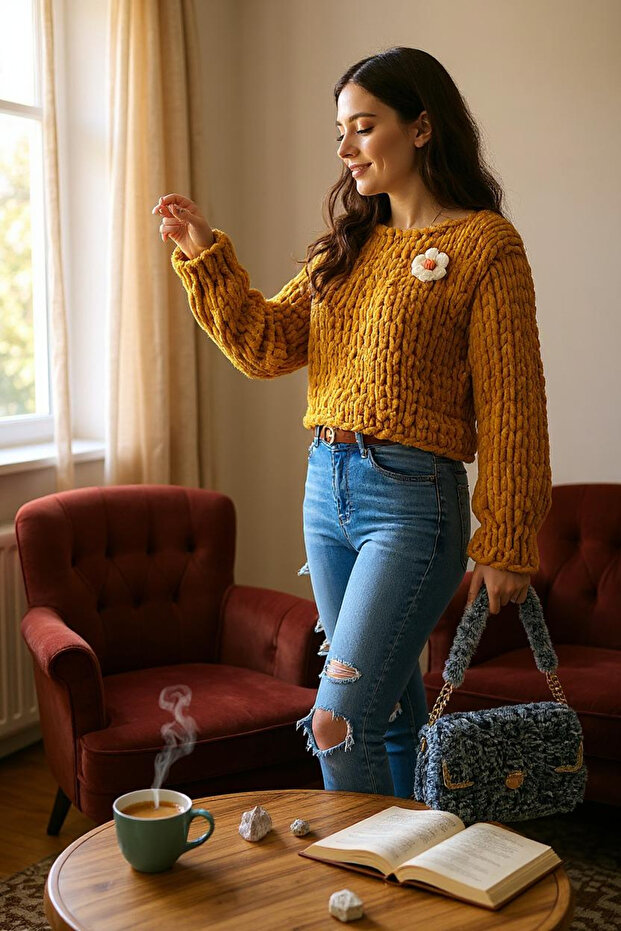 Handmade mustard knit Puffy fleece chunky sweater plush sweater