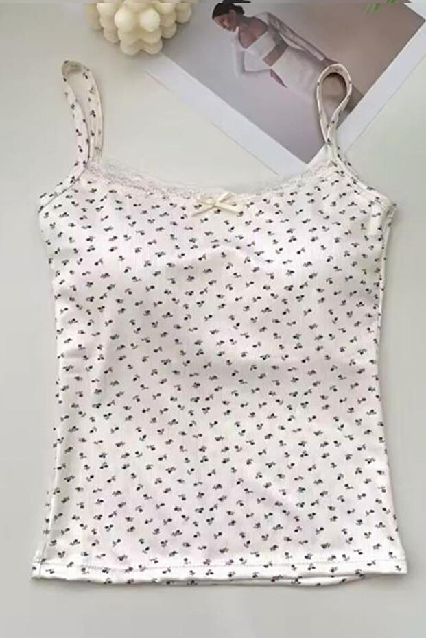 Ecru Little Bow and Flower Patterned Y2K Supported Strap Crop