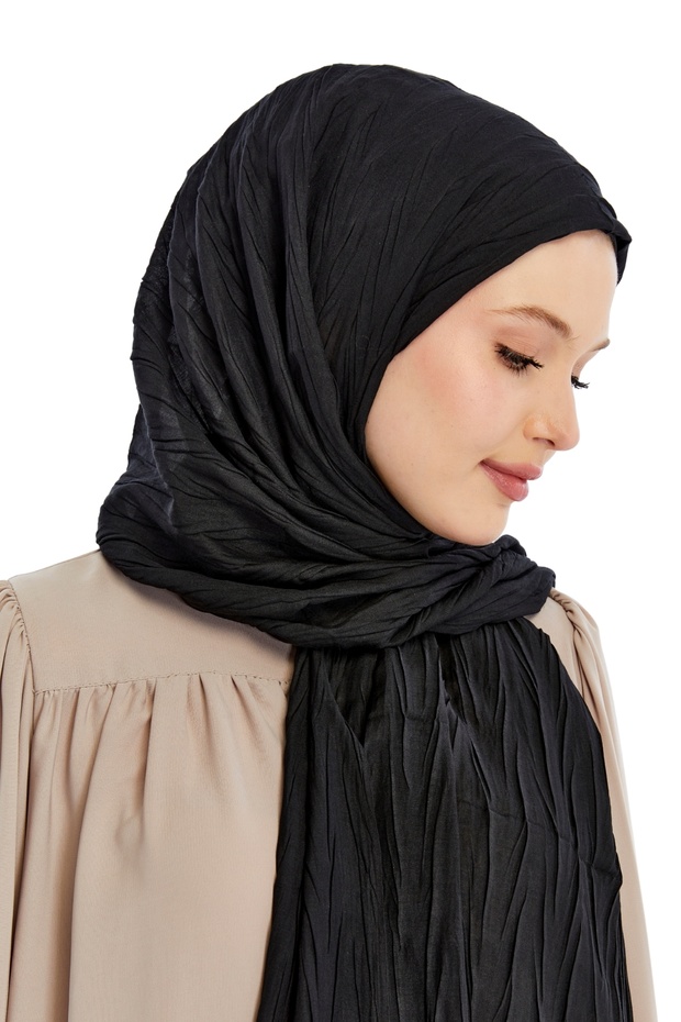 Pliseli Bambu Şal - Siyah - 5