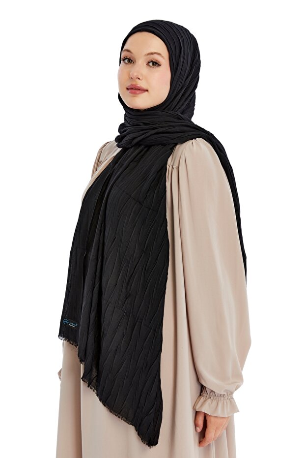 Pliseli Bambu Şal - Siyah - 4