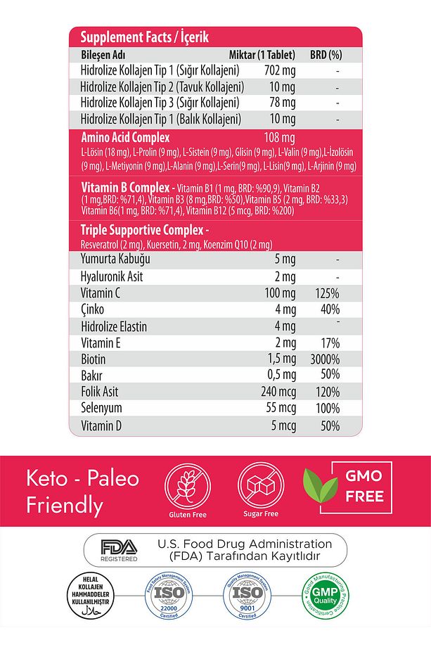 4 Tip Kolajen, Tip 1, Tip 2, Tip 3, Tip 5, C Vitamini, Çinko, Koenzim Q10, Selenyum, B12 , 30 Tablet - 5