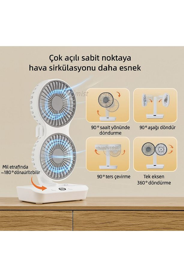 Çift Başlı Taşınabilir USB Şarjlı Fan, LED Gece Lambası ve 270° Dönebilir Baş, Ev, Ofis, Kamp CZ-01X - 4