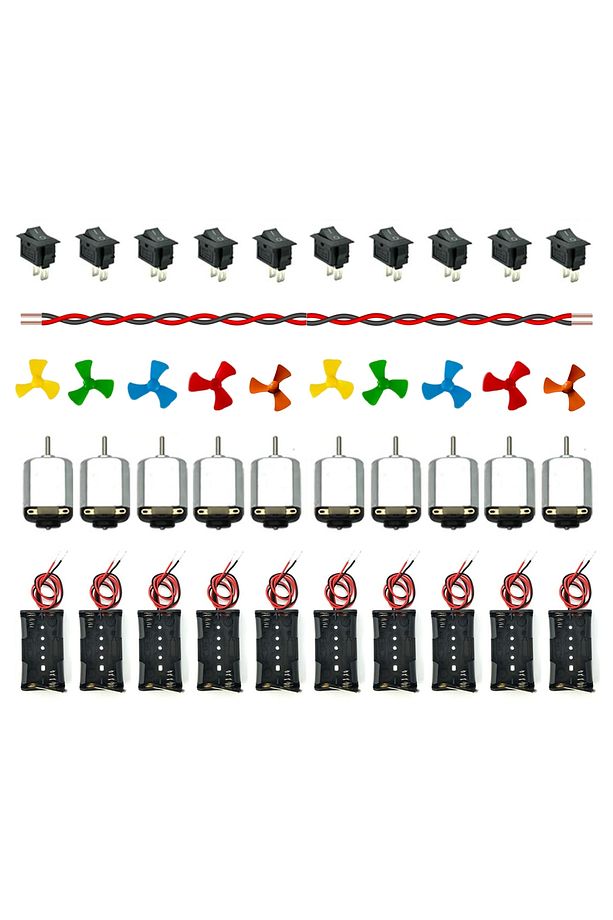 10 adet Motor Deney Seti - Pil Kutusu - Motor - Pervane - Kablo - Devre Anahtarı - 1