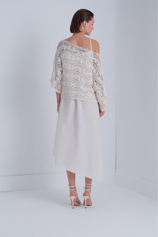 Triko Bluz Parçalı Ekru Elbise - 6