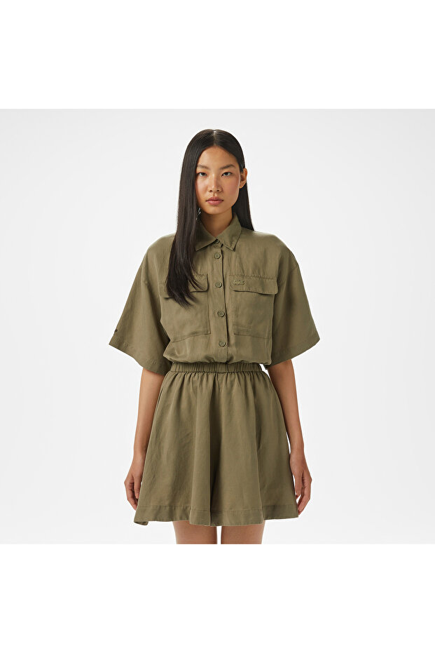 Kadın Flare Fit Kısa Kollu Gömlek Yaka Haki Elbise - 3