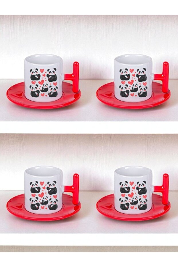 Heart and Panda Printed Set of 4 Turkish Coffee Cups