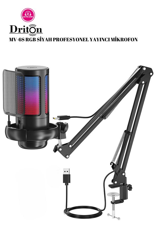 Driton Youtuber Mikrofon Mv-6s Siyah Rgb Usb Oyuncu Yayıncı Ve Podcast Condenser Mikrofon Seti - 1