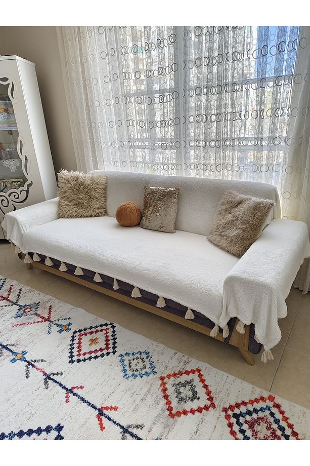 Ponponlu Tam Kapatan Bohem Koltuk Örtüsü EKRU (170x310) - 1