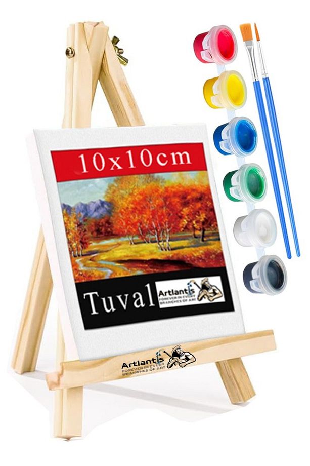 Mini Şövale 10x10 cm Tuval 3 ml Akrilik Boya 6 Renk ve Fırça 1 Paket 10x10 Mini Tuval Masaüstü Küçük - 1