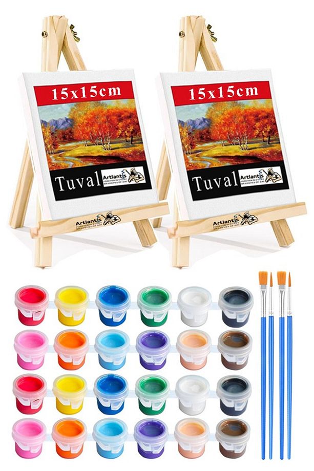 Mini Şövale 15x15 cm Tuval 3 ml Akrilik Boya 12 Renk ve Fırça 2 Adet 15x15 Mini Tuval Masaüstü Küçük - 1