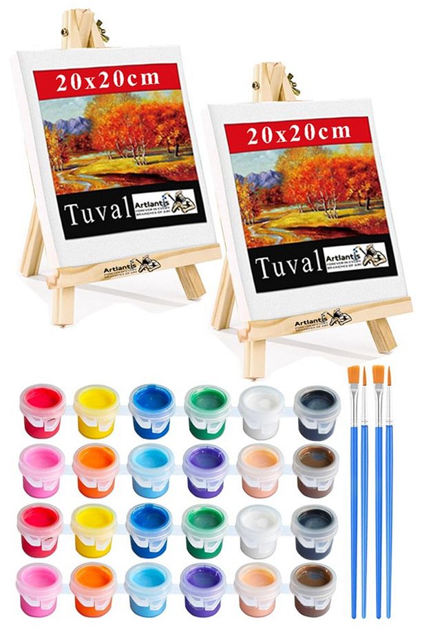 Mini Şövale 20x20 cm Tuval 3 ml Akrilik Boya 12 Renk ve Fırça 2 Adet 20x20 Mini Tuval Masaüstü Küçük - 1