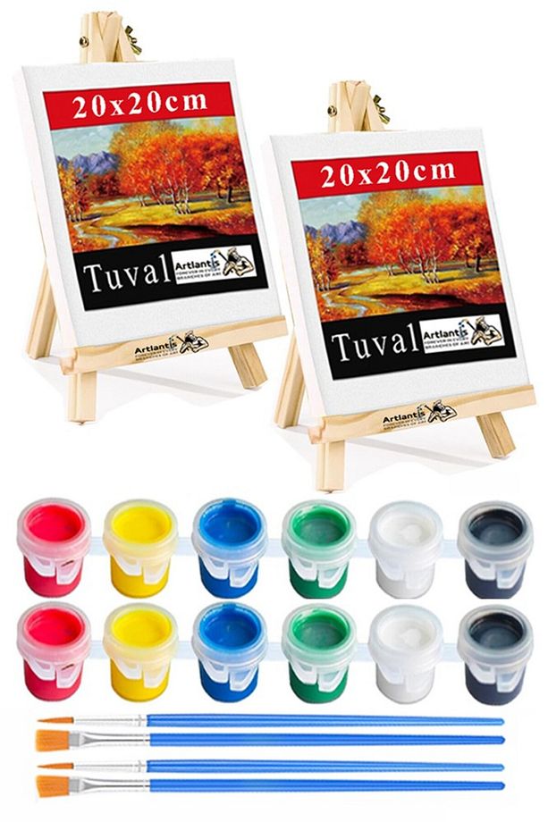 Mini Şövale 20x20 cm Tuval 3 ml Akrilik Boya 6 Renk ve Fırça 2 Adet 20x20 Mini Tuval Masaüstü Küçük - 1