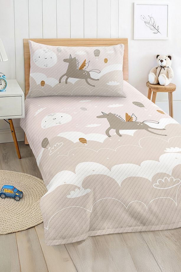 Unicorn ve Uçan Balon Desenli Pastel Renkli Çocuk Tek Kişilik Pike Takımı - 2