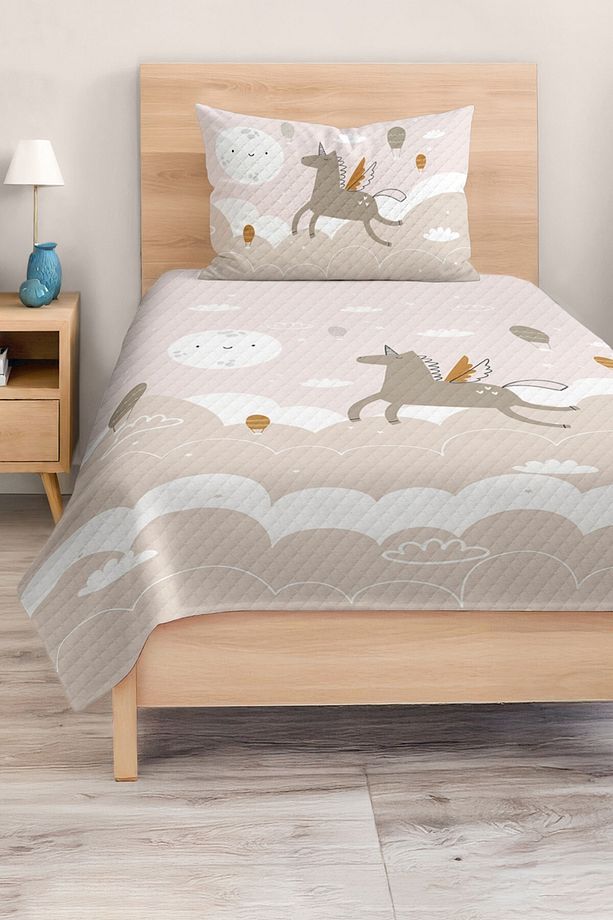 Unicorn ve Uçan Balon Desenli Pastel Renkli Çocuk Tek Kişilik Pike Takımı - 3
