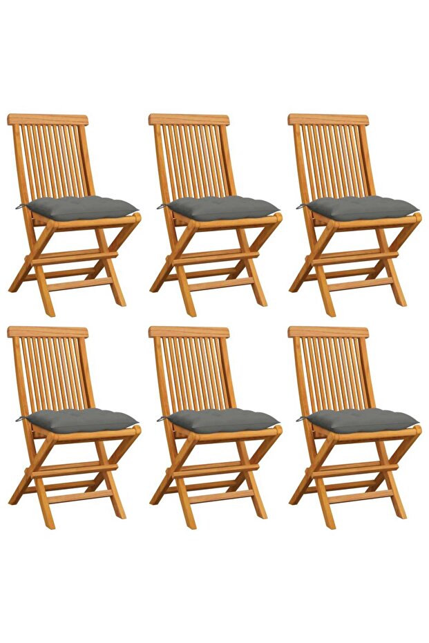 Garden Chairs with Grey Cushions 6 pcs Solid Teak Wood