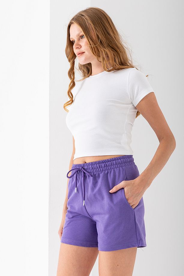 Kadın Beli Ayarlanabilir Çift Cepli Basic Şort Mor - 10038 - 3