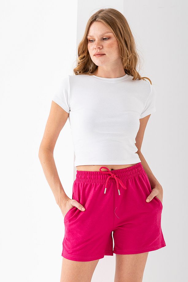 Kadın Beli Ayarlanabilir Çift Cepli Basic Şort Pembe - 10038 - 5