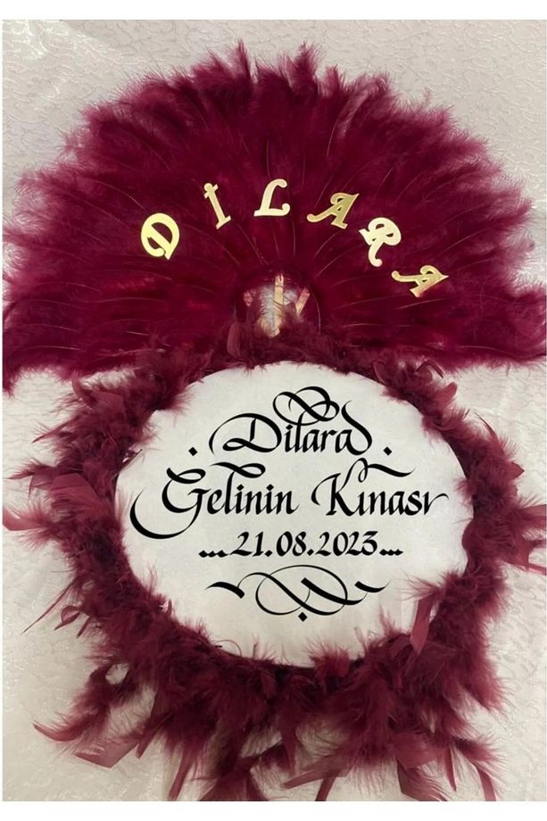 İsme Özel Kına Yelpazesi Ve Gelin Tefi Seti Otrişli Deri Tef Vurmalı Çalgı Def - 1