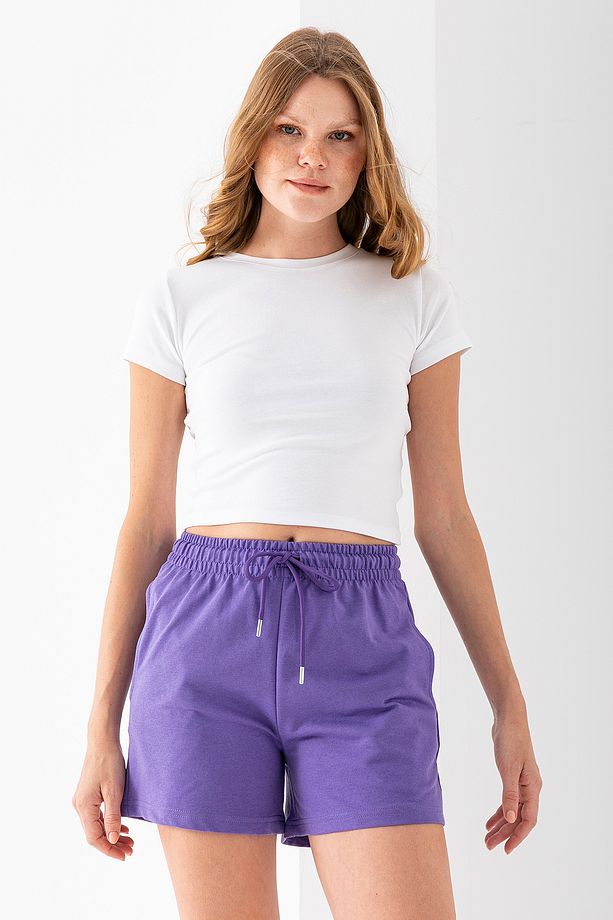 Kadın Beli Ayarlanabilir Çift Cepli Basic Şort Mor - 10038 - 1