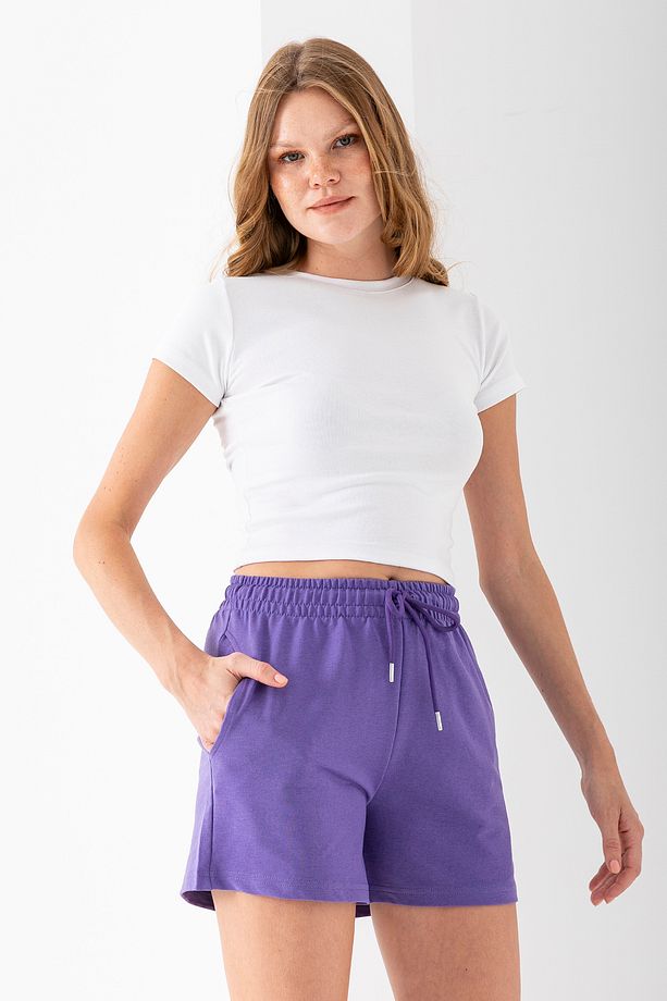 Kadın Beli Ayarlanabilir Çift Cepli Basic Şort Mor - 10038 - 4