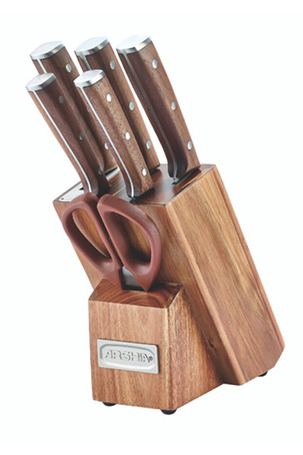 7 Piece German Steel Kitchen Knife Set with Wooden Block Precision Blades and Ergonomic Handl
