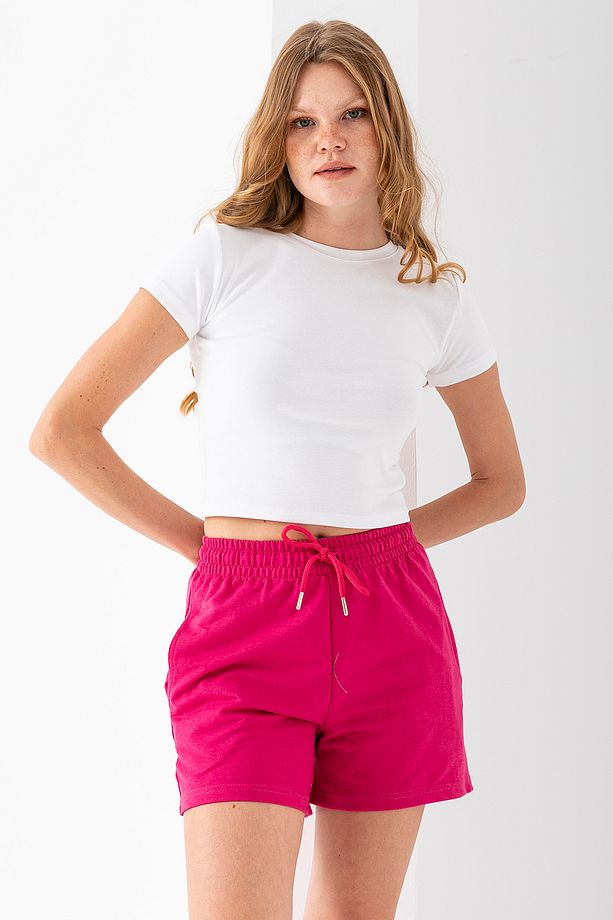 Kadın Beli Ayarlanabilir Çift Cepli Basic Şort Pembe - 10038 - 3