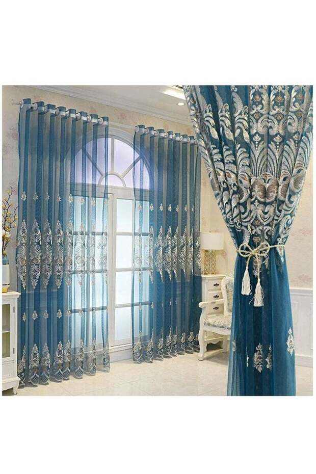Gauze Lace Curtains, Elegant Easy Care, Blue 2x2.7m, 2-Pack for Living Room Bedroom
